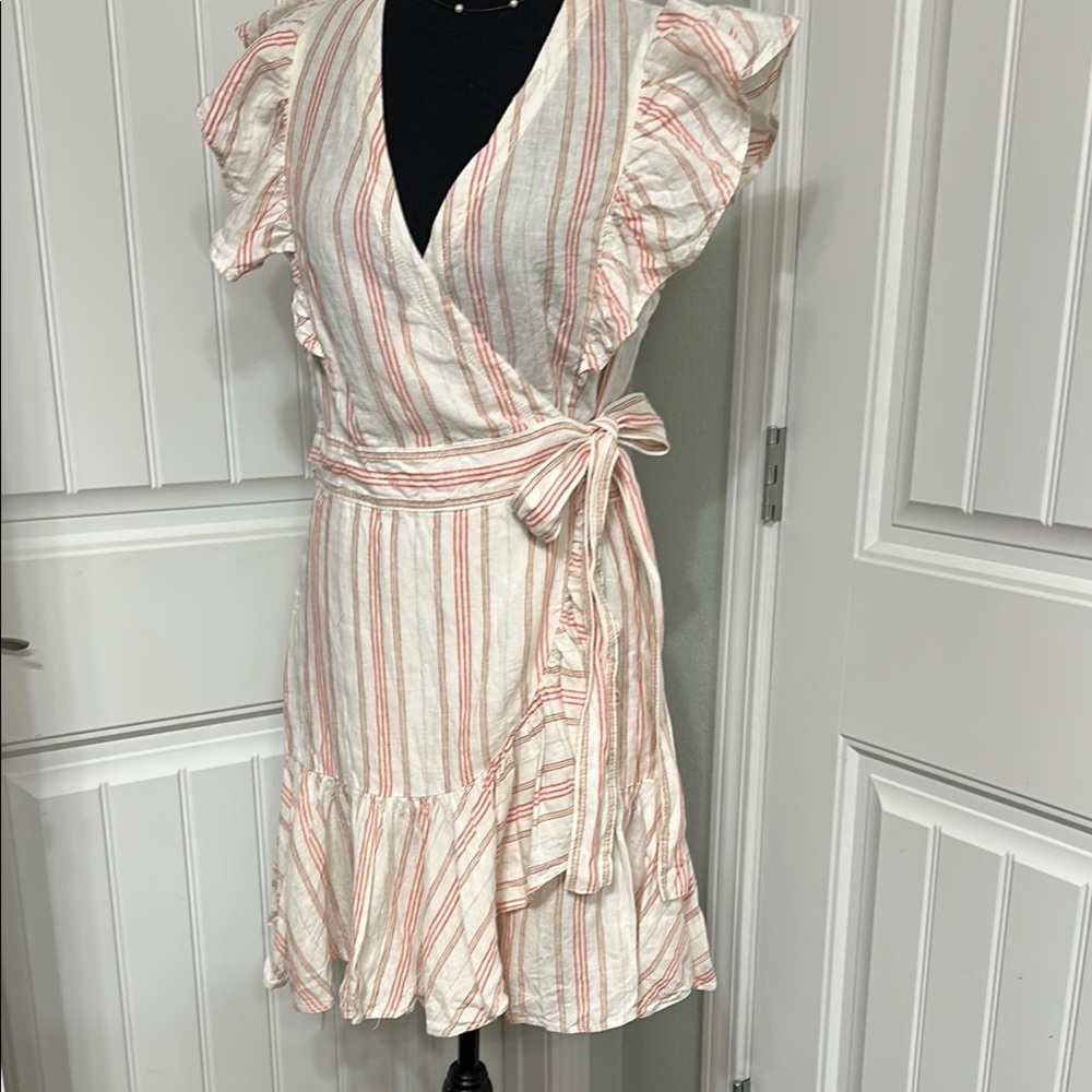 Striped Wrap Ruffle Dress in Cream and Coral